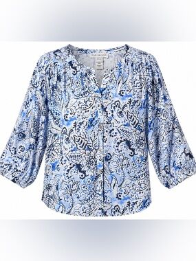 NWT Tribal Scuba Blue Floral Dolman Blouse XS Extra Small Boho Top